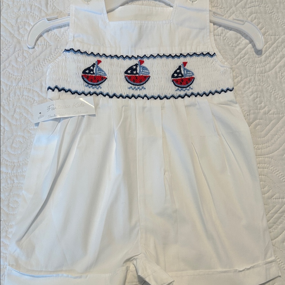 White Sailboat Embroidered Romper